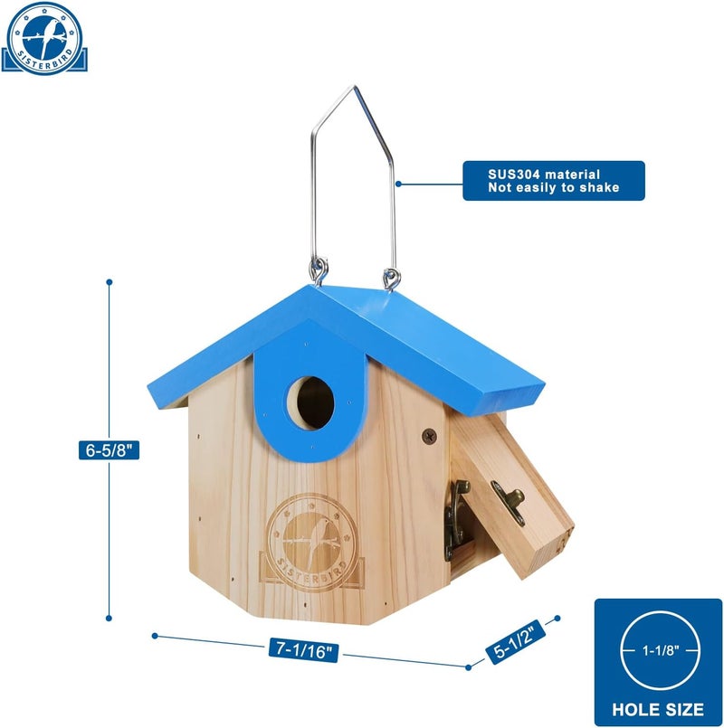 SISTERBIRD Wren Bird Houses for Outside Cedar Hanging Birdhouses for Outdoors 1-1/8" Entrance Hole Bird Houses for Outside Clearance Wooden Nesting Box Chickadee Predator Guard, Blue - Image 3
